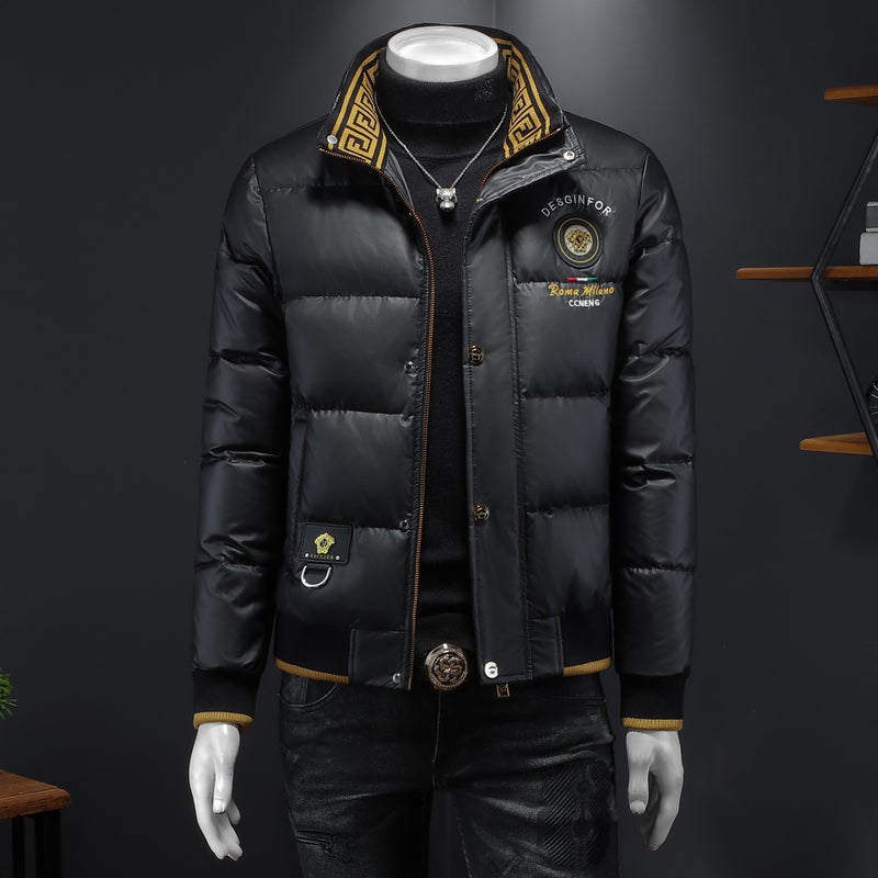 European Goods 2024 Winter New Men'S Fashion White Duck Down Rhinestone Embroidered Stand Collar Down Jacket Warm Coat - Image 3